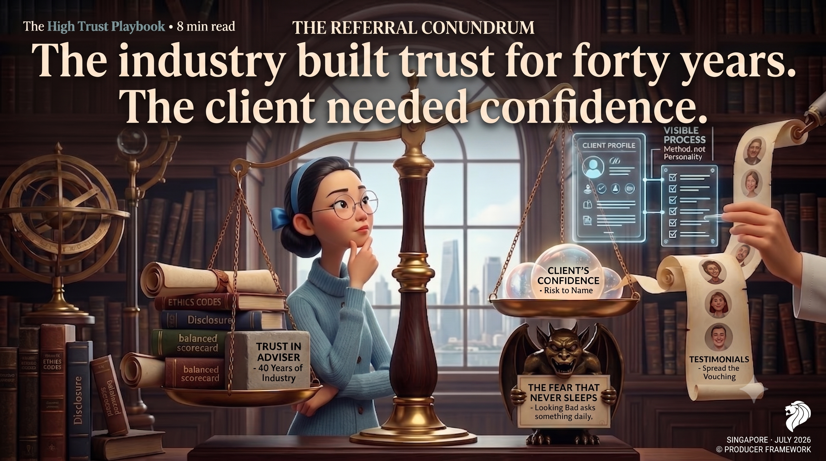 Referral Is a Design Problem — a client weighing a recommendation against the risk to his own name